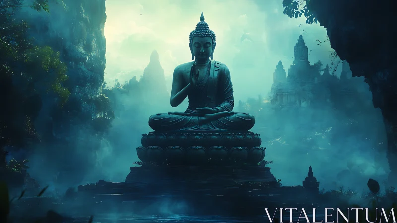 Serene Buddha statue resting in a misty emerald temple valley.