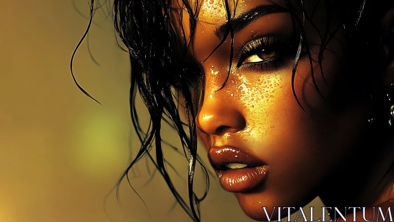 Wet golden-lit portrait of intense digital female face.