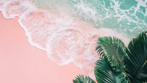 Pink shoreline with turquoise surf and palm leaves.