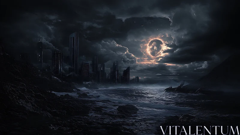 Post-apocalyptic coastal megacity under eclipsed lunar corona