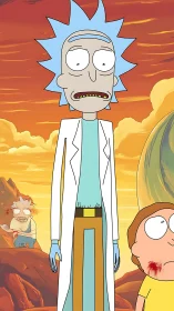 Tall cartoon scientist stands in alien desert landscape