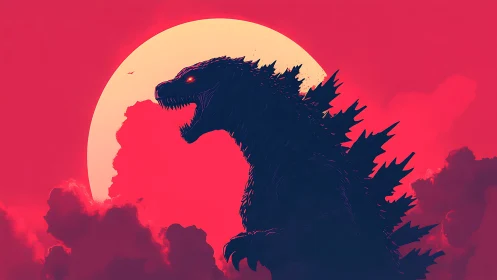 Colossal kaiju silhouette dominates neon sunset sky.