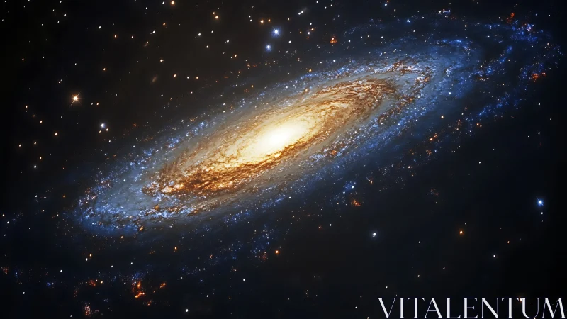 Spiral galaxy glows with dense golden core and blue arms