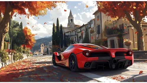 Red sports car on autumn street in European village.