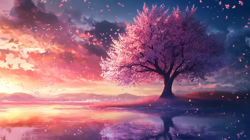 Blossoming cherry tree glows over a tranquil sunset lake.