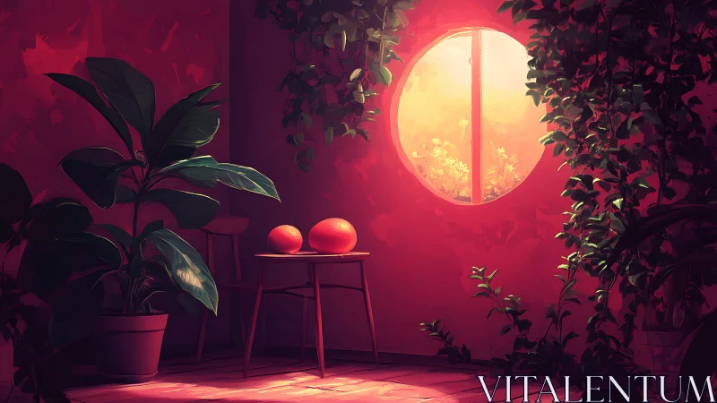 Sunlit indoor garden with oranges on wooden table.