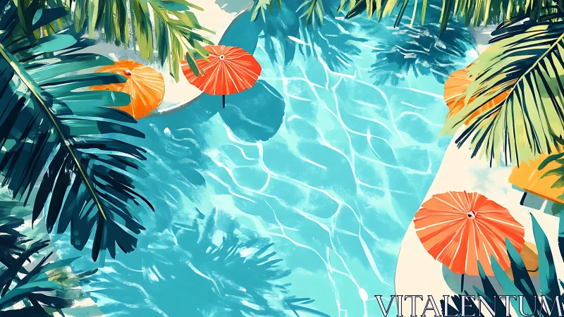 Tropical pool scene with palm leaves and orange umbrellas.