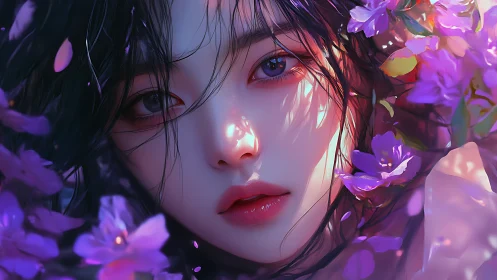Female face rendered in close-up among vivid purple flowers