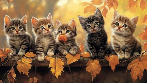 Five kittens positioned on branch with autumn foliage..