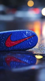 Rain-soaked sneaker logo with neon reflections at night.