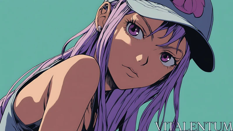 Purple-haired girl in cap under teal flat-color backdrop.