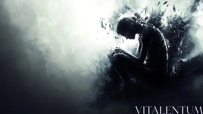 Solitary figure dissolves into expressive monochrome darkness.