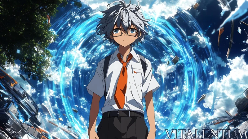 Anime student stands before swirling blue sky portal.