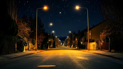 Photorealistic nocturne of a lamplit suburban avenue in symmetry.
