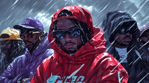 Digital painting of hooded streetwear crew in dynamic rainstorm.