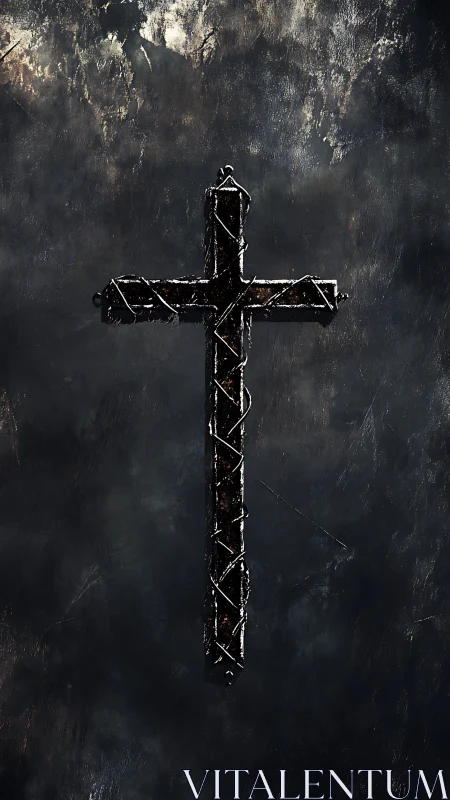 Barbed metal cross on distressed dark textured background