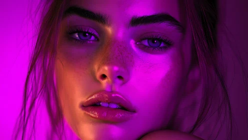 Neon-lit close portrait under vivid magenta glow lighting.