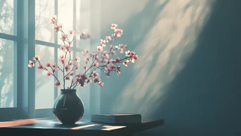 Cherry blossoms in vase on sunlit table by window.