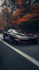 Black sports car cuts through blurred autumn forest road.