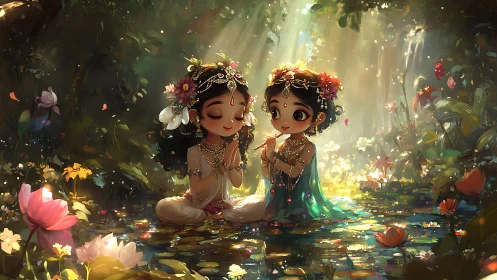 Two adorned children in floral forest pool with soft light.