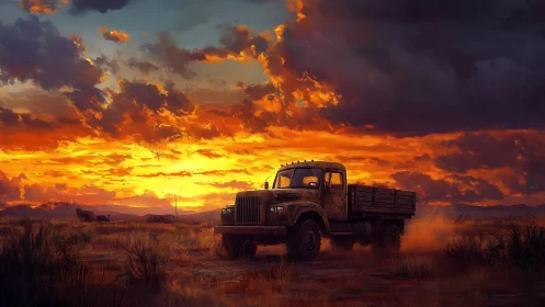 Weathered farm truck crosses dusty field at blazing sunset