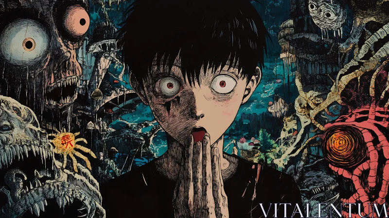 Shocked teen stands stunned amid surreal nightmarish creatures