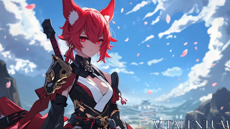 Fox-eared swordswoman over sunlit valley panorama.