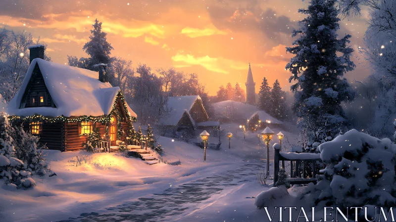 Snowlit cottage hums softly beneath ember-tinted twilight