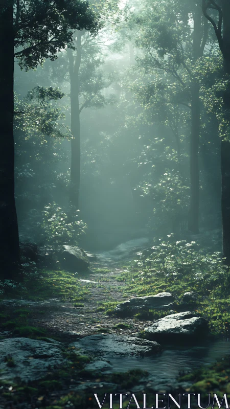 Misty Forest Stream with Ethereal Light Filtering Through Canopy.