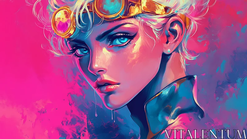 Neon-haired pilot portrait in vivid cyan and magenta palette.