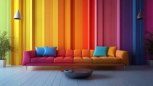 Chromatic lounge where rainbow walls cradle a vivid sofa.