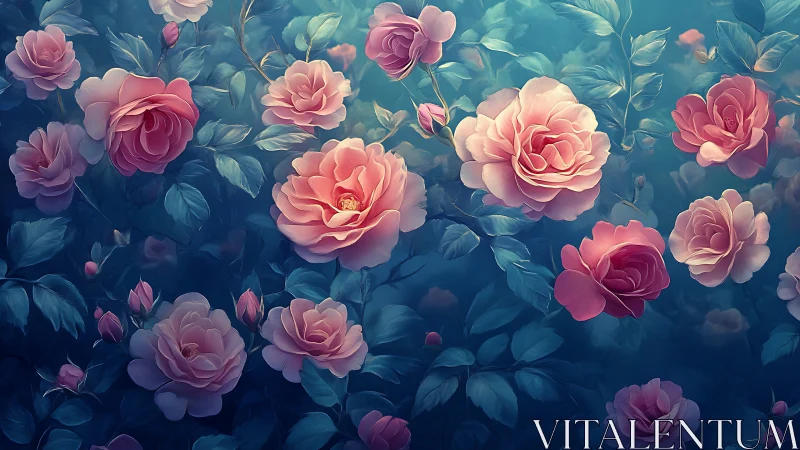 Blooming Garden with Pink Roses. Soft floral arrangement in cool tones.