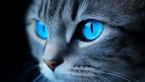 Luminous Blue-Eyed Cat in Dramatic Darkness