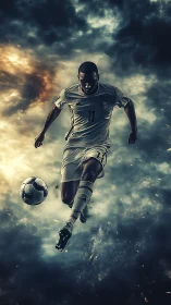 Dynamic soccer striker surges through storm-lit cosmic field