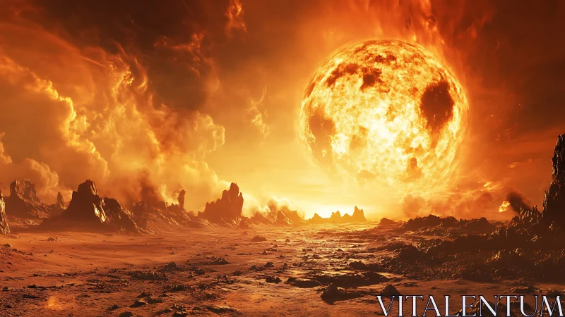 Blazing alien sun engulfs a jagged volcanic wasteland.