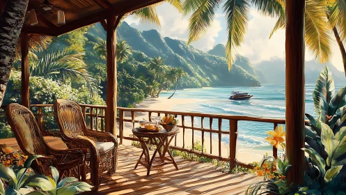 Tropical veranda overlooking lagoon beach with moored motorboat