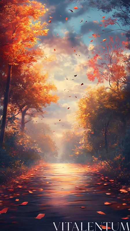 Autumn forest path glowing under soft sunset light.