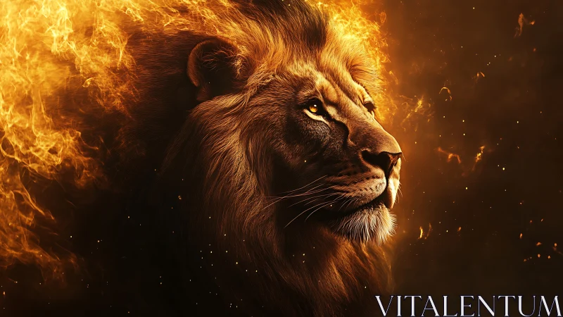 Digital lion portrait with mane rendered as controlled fire.