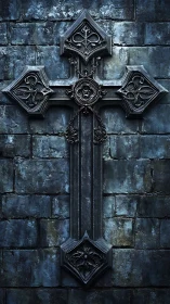 Gothic iron cross relief against weathered stone wall