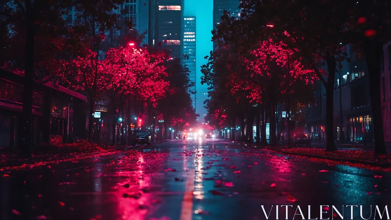 Neon rainstorm kisses midnight avenue in electric bloom.