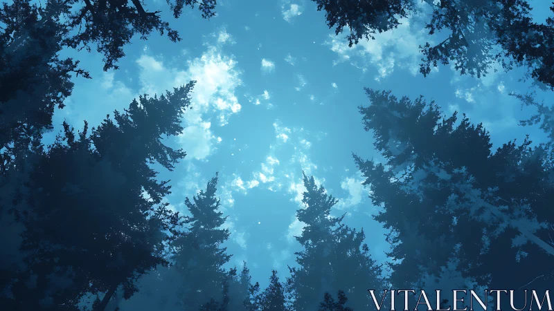 Tall pine trees silhouetted against a bright blue sky, digital art.