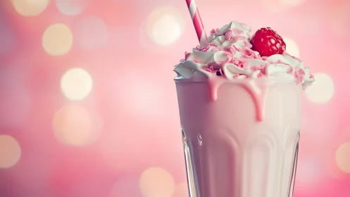 Photorealistic strawberry milkshake with bokeh pastel backdrop.