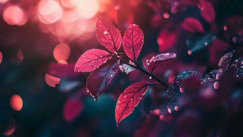 Backlit crimson leaves with dewdrops in shallow bokeh field