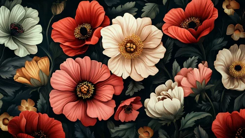 Layered Florals on Dark Ground. Botanical Digital Illustration.