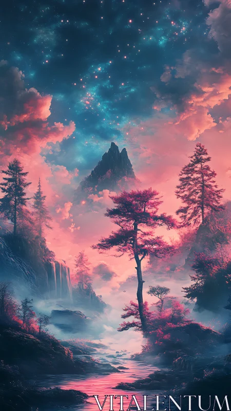 Mountain river landscape under star field in pink haze.
