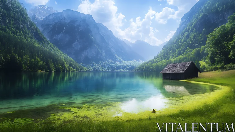 Silent boathouse listens to a glassy alpine lake breathe