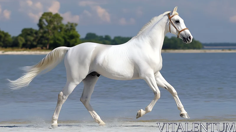 White horse trotting along shoreline in bright daylight.