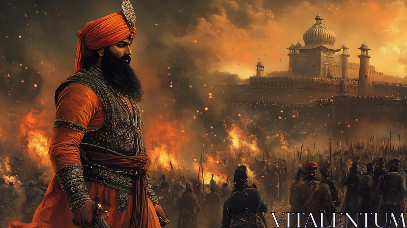 Warrior in orange robes stands before burning fortress city