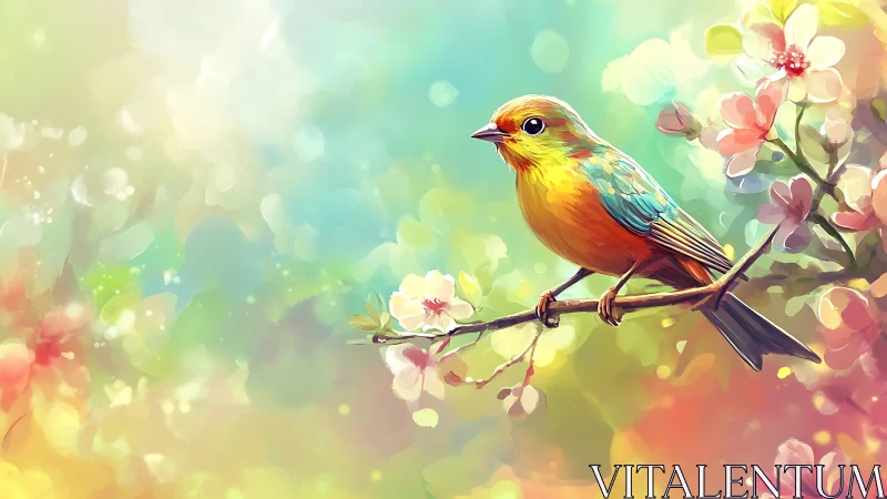 Vibrant songbird on blooming branch in dreamy watercolor style.
