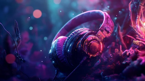 Bioluminescent headphones in neon jungle soundscape simulation.